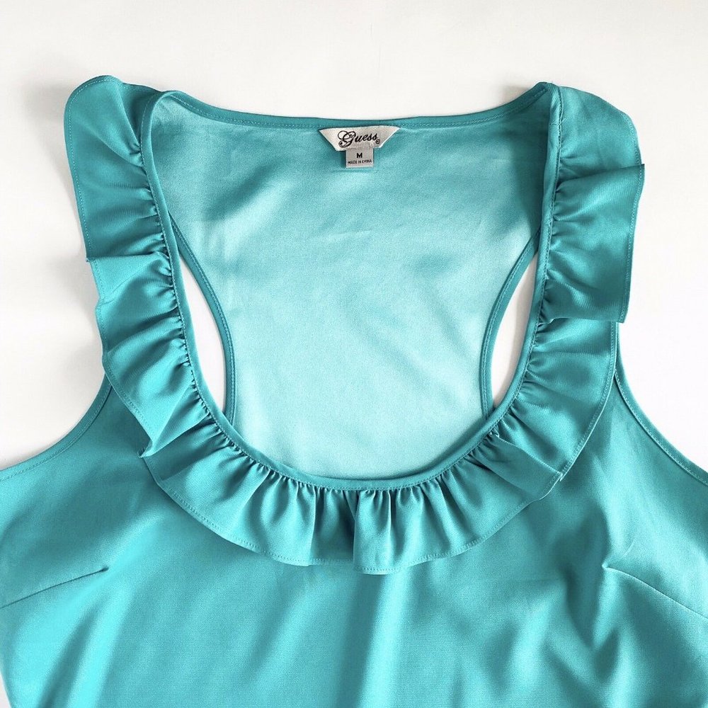 Turquoise Racerback Ruffle Trim Tank Blouse Medium - Picture 3 of 7